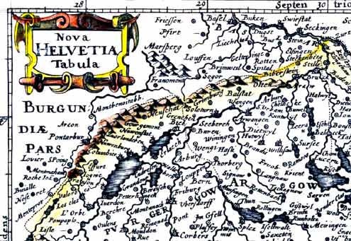 A map of 1628 which shows location of interest � the Emme River and surrounding area. Also the Jura mountains to the northwest of the Emmental where, as we learn later, some Engels fled.